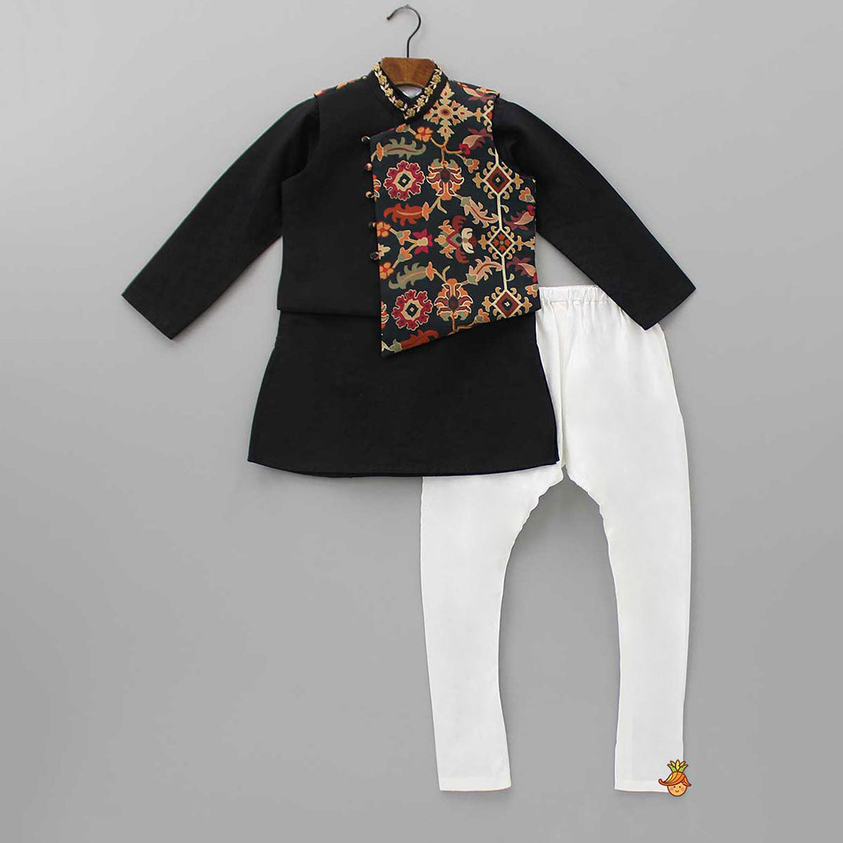 Black Kurta With Asymmetric Printed Jacket And Churidar