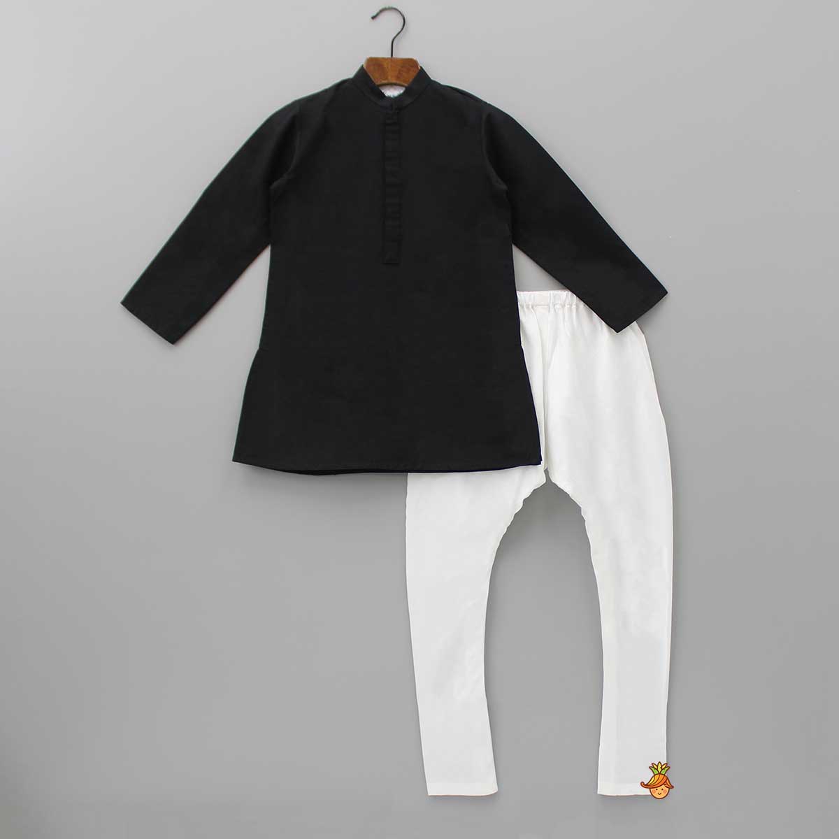 Pre Order: Black Kurta With Asymmetric Printed Jacket And Churidar