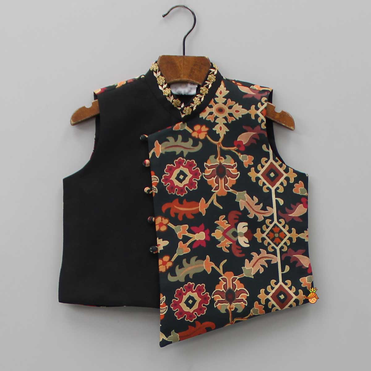 Pre Order: Black Kurta With Asymmetric Printed Jacket And Churidar