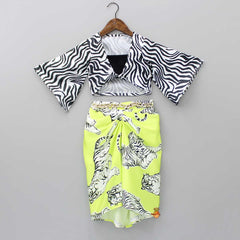 Pre Order: Smocked Back Black Crop Top With Flared Sleeves Jacket And Stylish Tiger Printed Skirt With Chain Hair Band