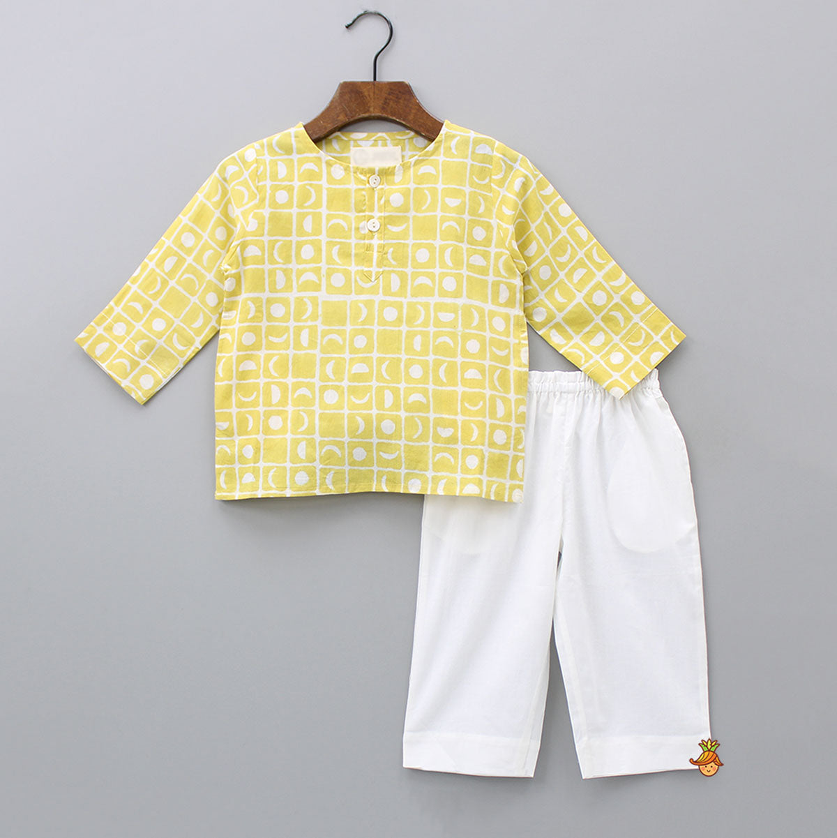 Hand Block Moon Printed Yellow Top And Pyjama