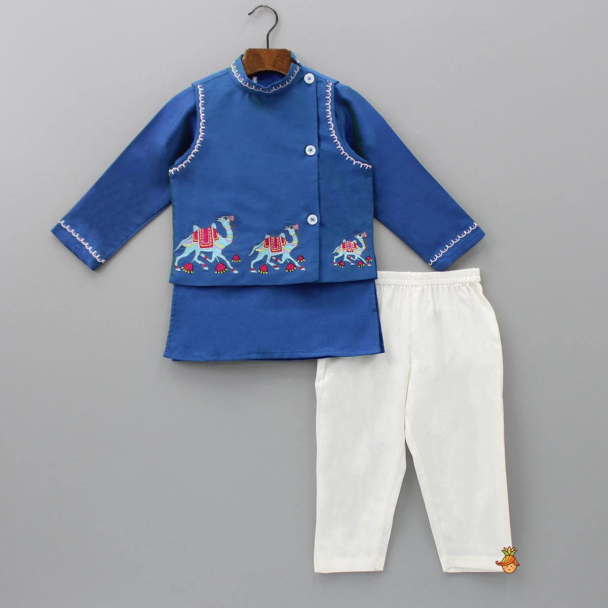 Pre Order: Blue Kurta With Camel Embroidered Side Buttons Jacket And Pyjama