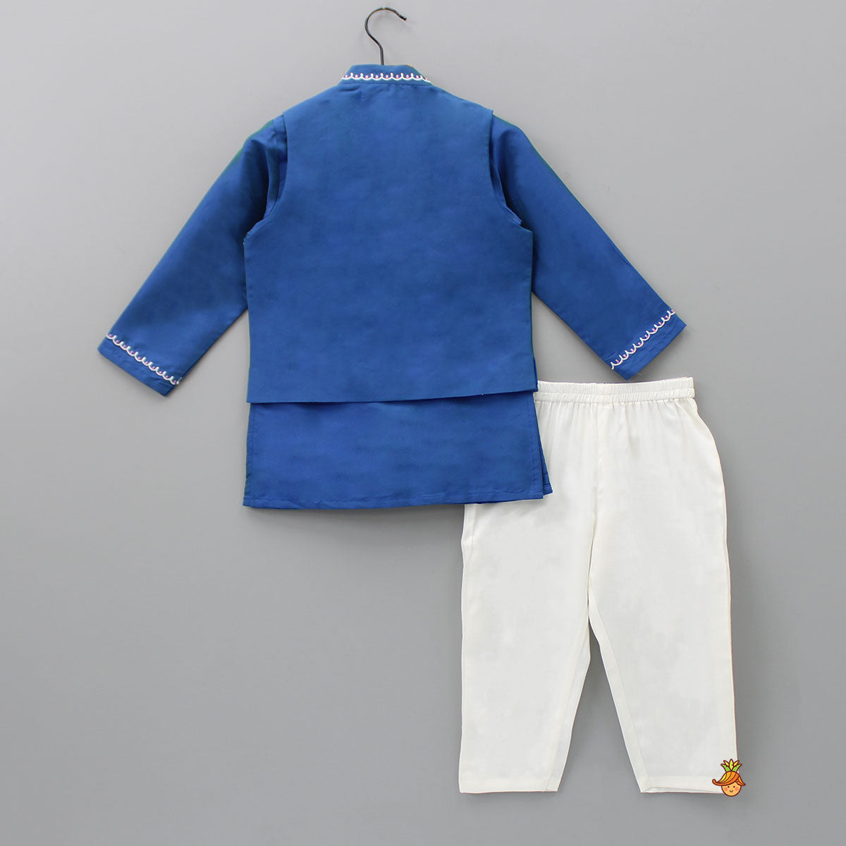 Blue Kurta With Camel Embroidered Side Buttons Jacket And Pyjama