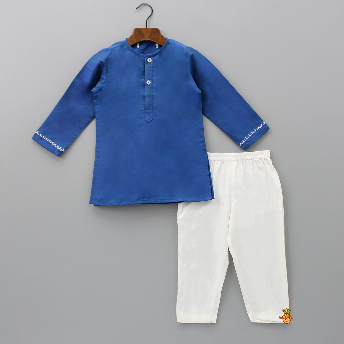 Blue Kurta With Camel Embroidered Side Buttons Jacket And Pyjama