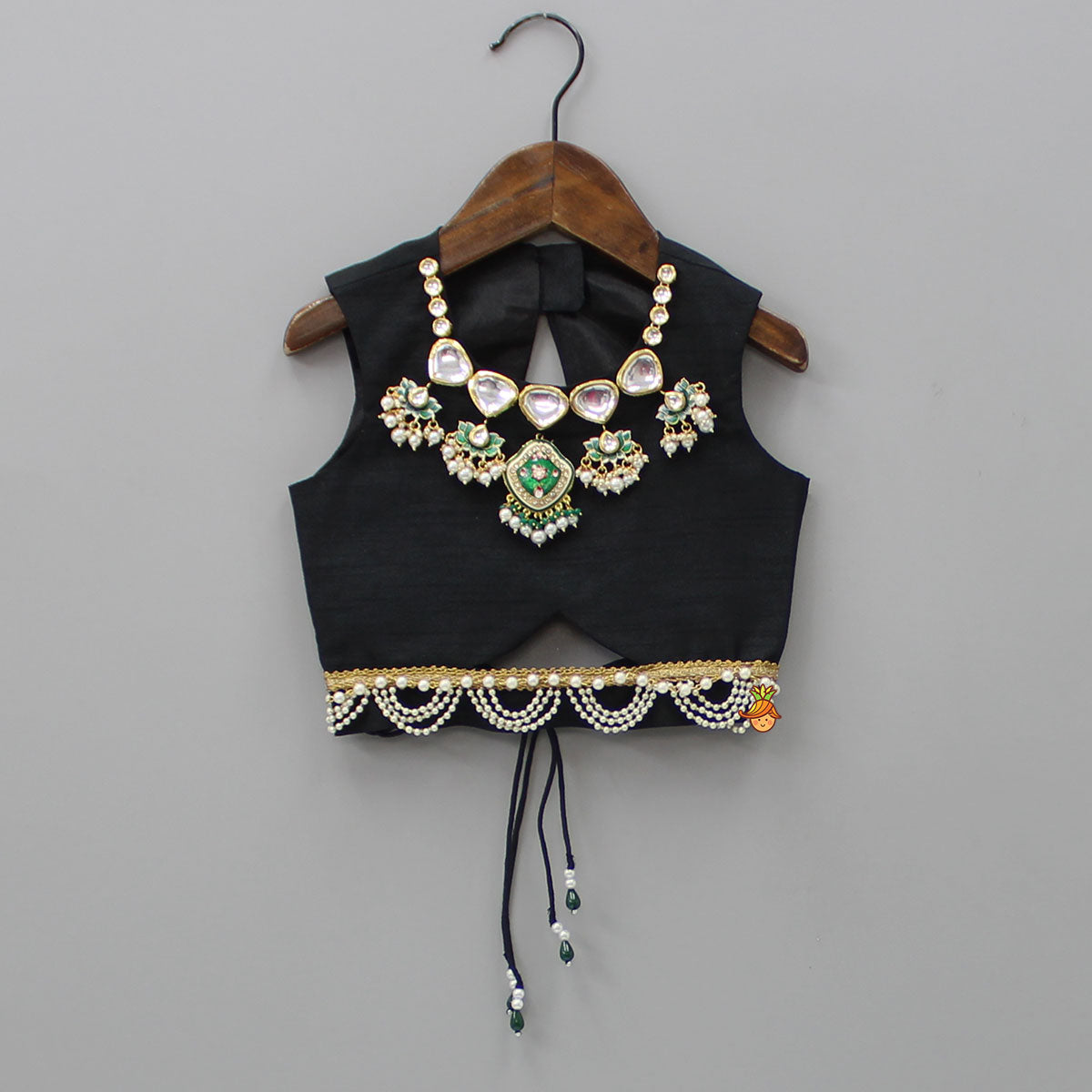 Open Back Elegant Stone Studded Black Top And Brocade Lehenga With Shimmery Fringes Dupatta And Potli Bag