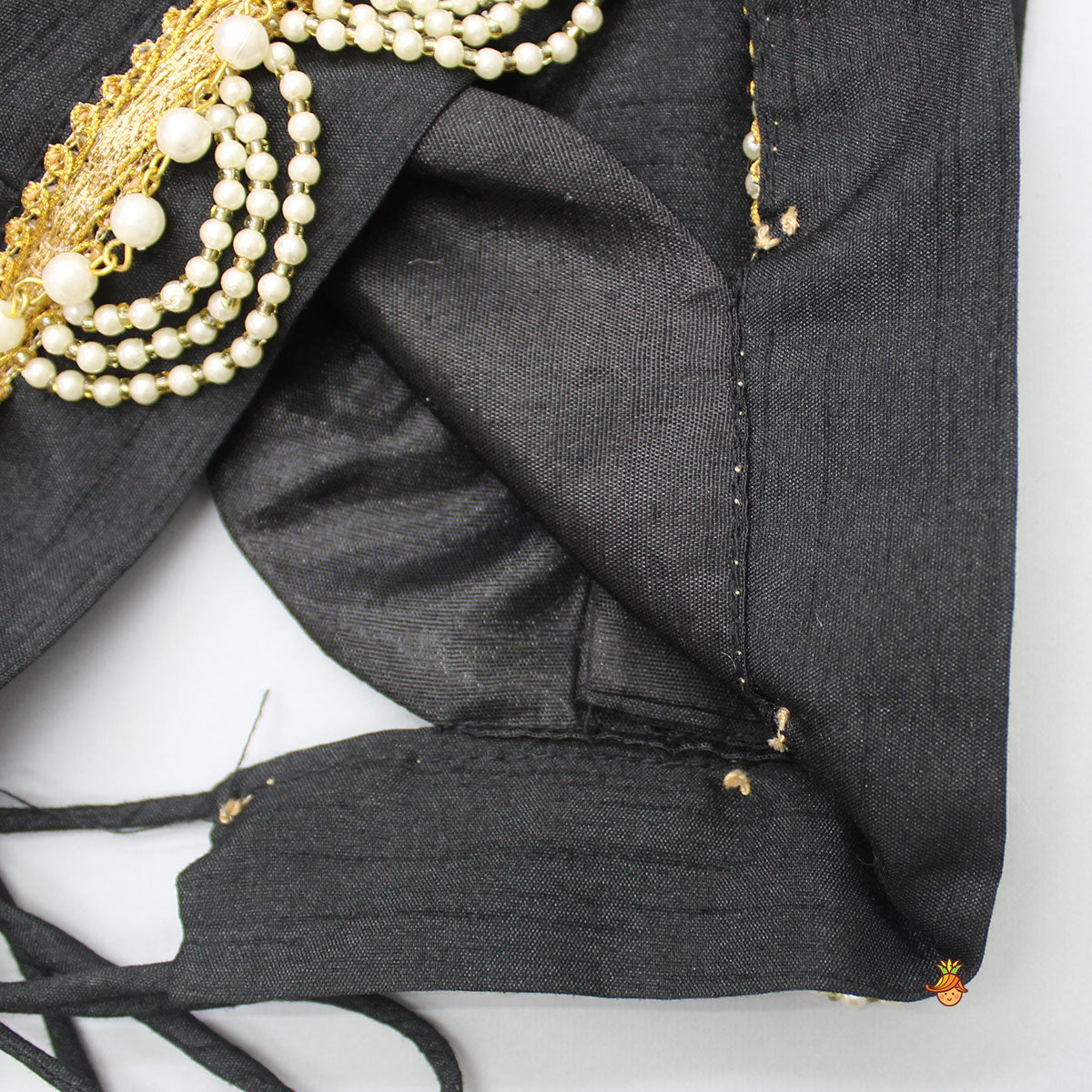 Pre Order: Open Back Elegant Stone Studded Black Top And Brocade Lehenga With Shimmery Fringes Dupatta And Potli Bag
