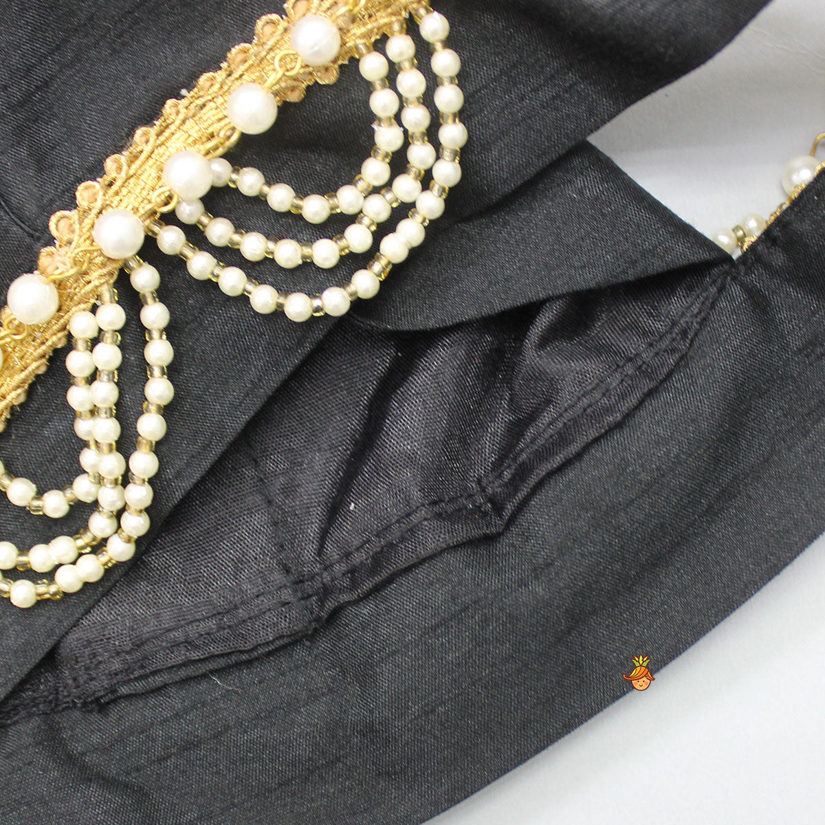 Open Back Elegant Stone Studded Black Top And Brocade Lehenga With Shimmery Fringes Dupatta And Potli Bag