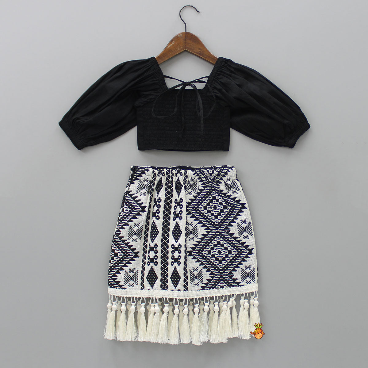 Smocked Back Stylish Sleeves Black Top And Fringes Skirt With Knot Detail Hair Band