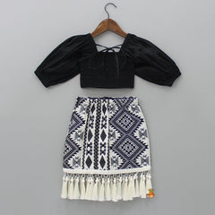 Pre Order: Smocked Back Stylish Sleeves Black Top And Fringes Skirt With Knot Detail Hair Band