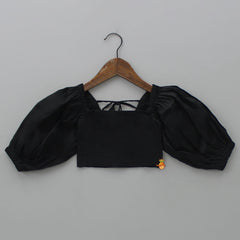 Pre Order: Smocked Back Stylish Sleeves Black Top And Fringes Skirt With Knot Detail Hair Band