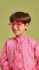 Pre Order: Dual Pockets Pink Kurta With Curved Hem Open Jacket And Pyjama