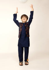 Mandarin Collar Navy Blue Kurta With Velvet Embroidered Open Jacket And Pyjama