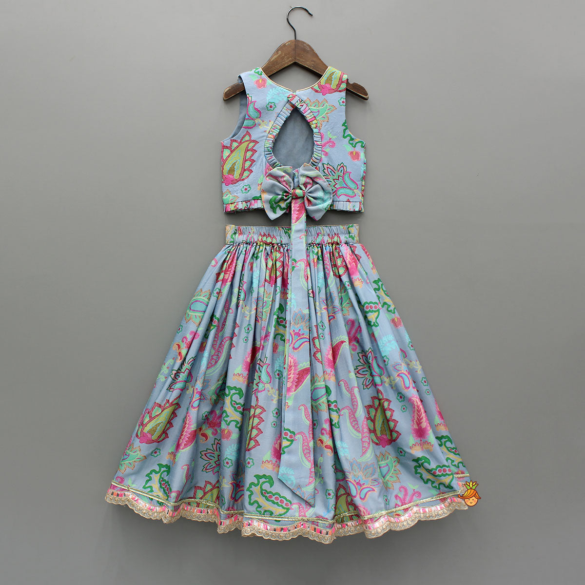 Zardozi Embroidered Pleated Hem Blue Top And Lehenga With Checks Hair Band