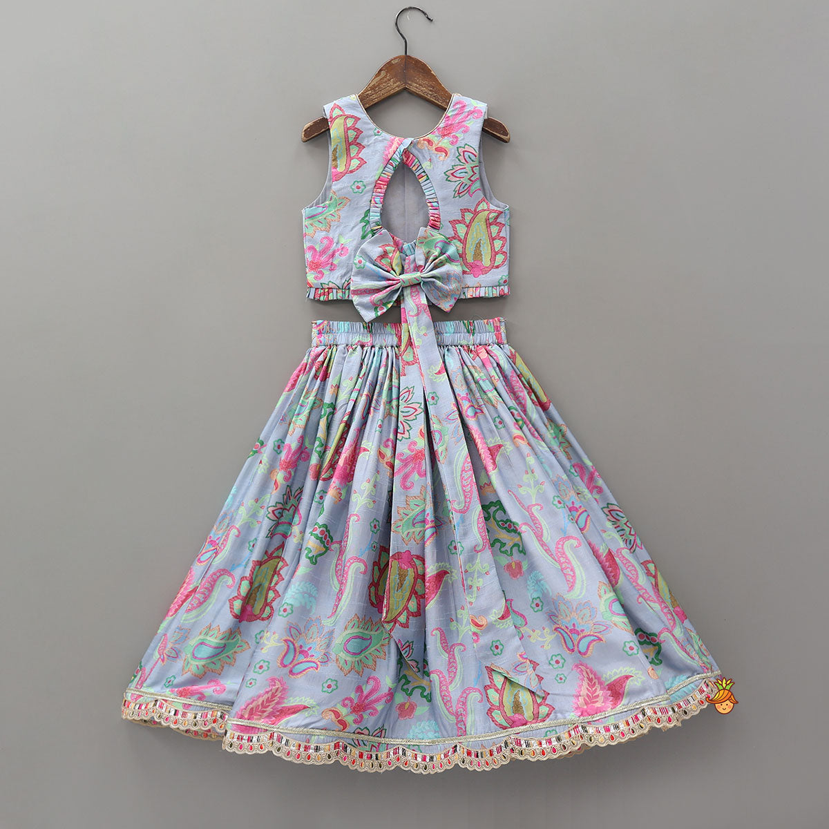 Zardozi Embroidered Pleated Hem Blue Top And Lehenga With Checks Hair Band