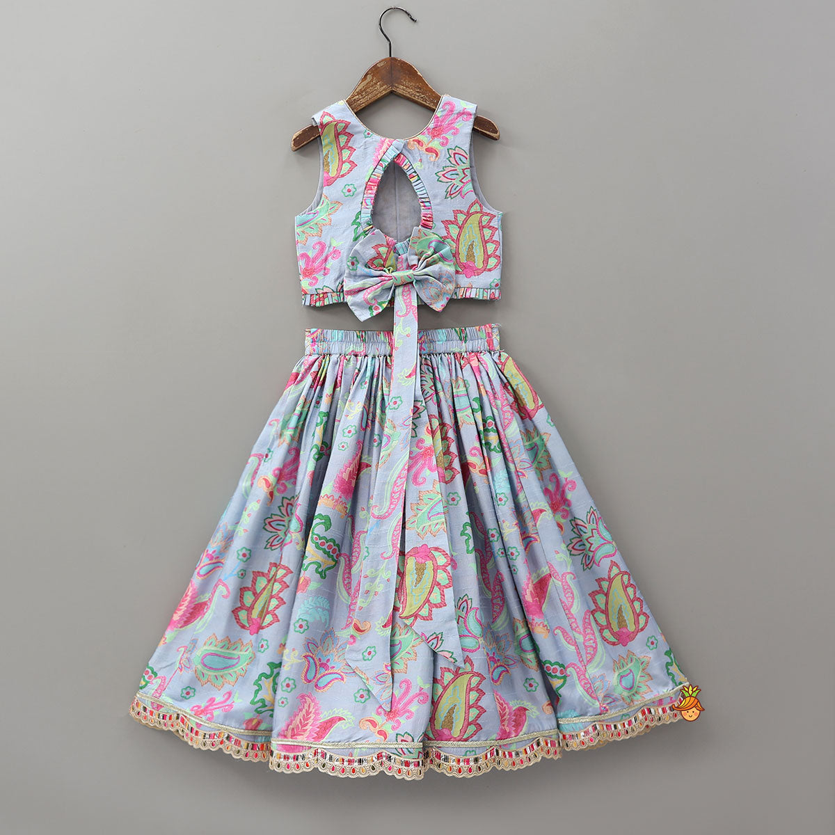 Zardozi Embroidered Pleated Hem Blue Top And Lehenga With Checks Hair Band