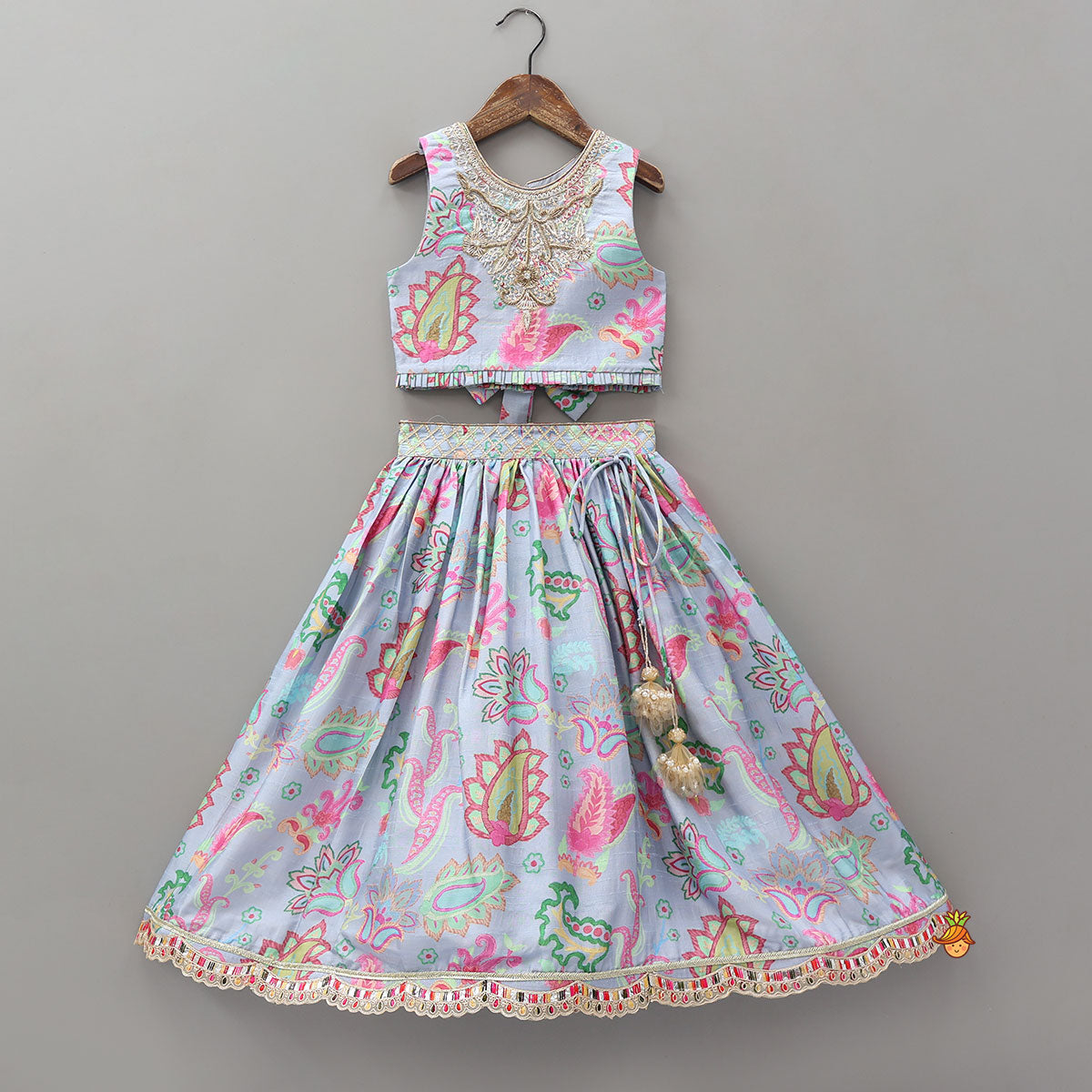 Zardozi Embroidered Pleated Hem Blue Top And Lehenga With Checks Hair Band