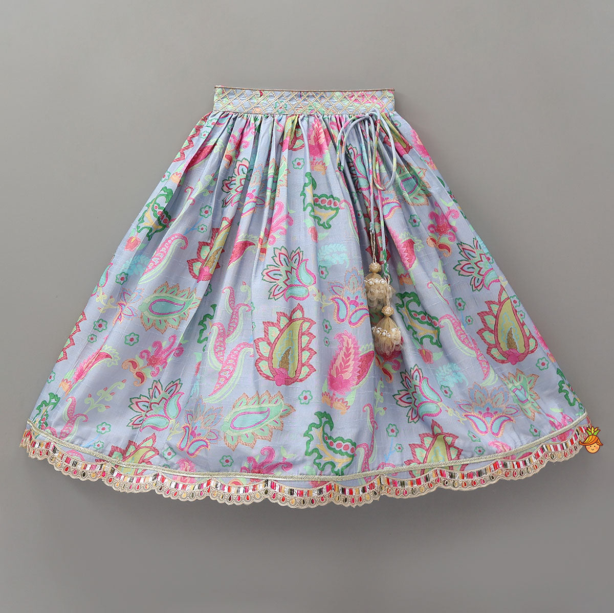 Zardozi Embroidered Pleated Hem Blue Top And Lehenga With Checks Hair Band