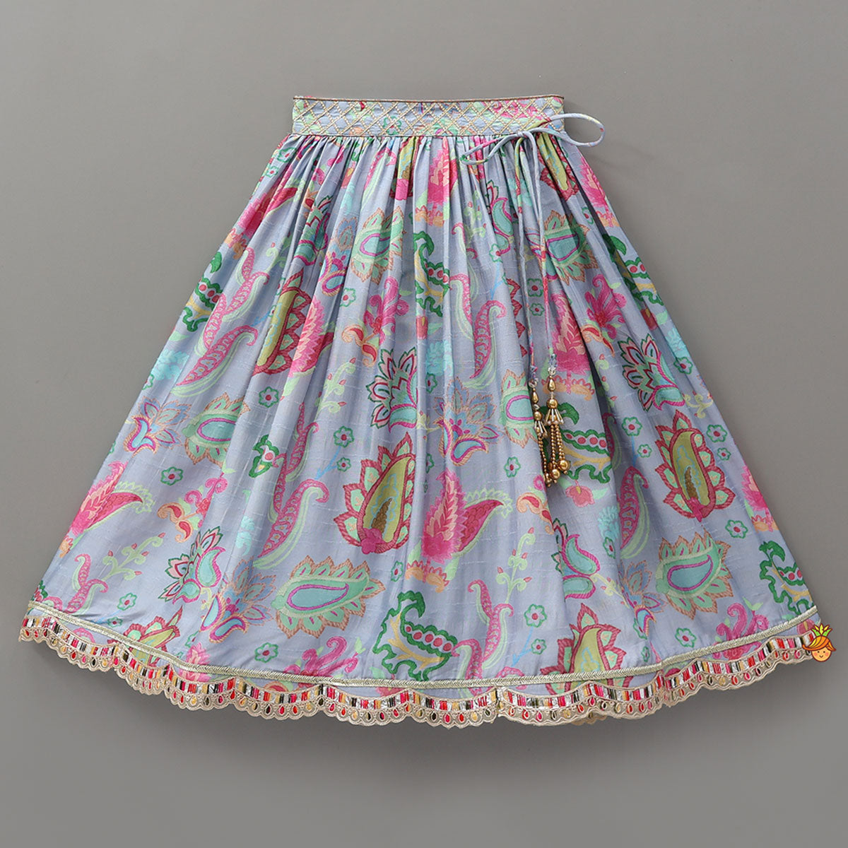 Zardozi Embroidered Pleated Hem Blue Top And Lehenga With Checks Hair Band