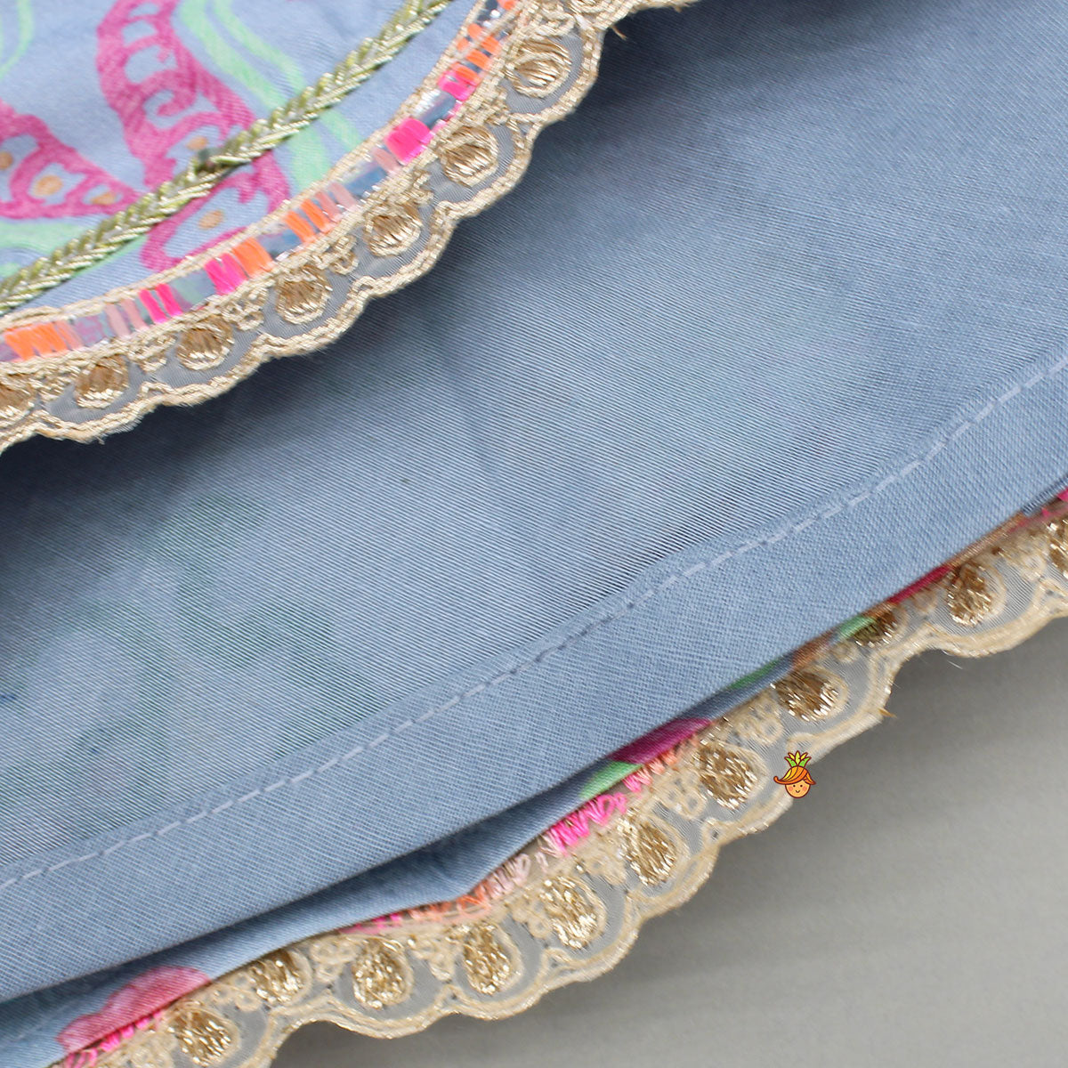 Zardozi Embroidered Pleated Hem Blue Top And Lehenga With Checks Hair Band