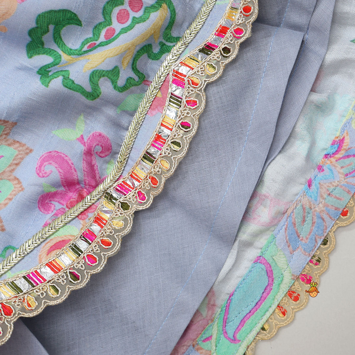 Zardozi Embroidered Pleated Hem Blue Top And Lehenga With Checks Hair Band