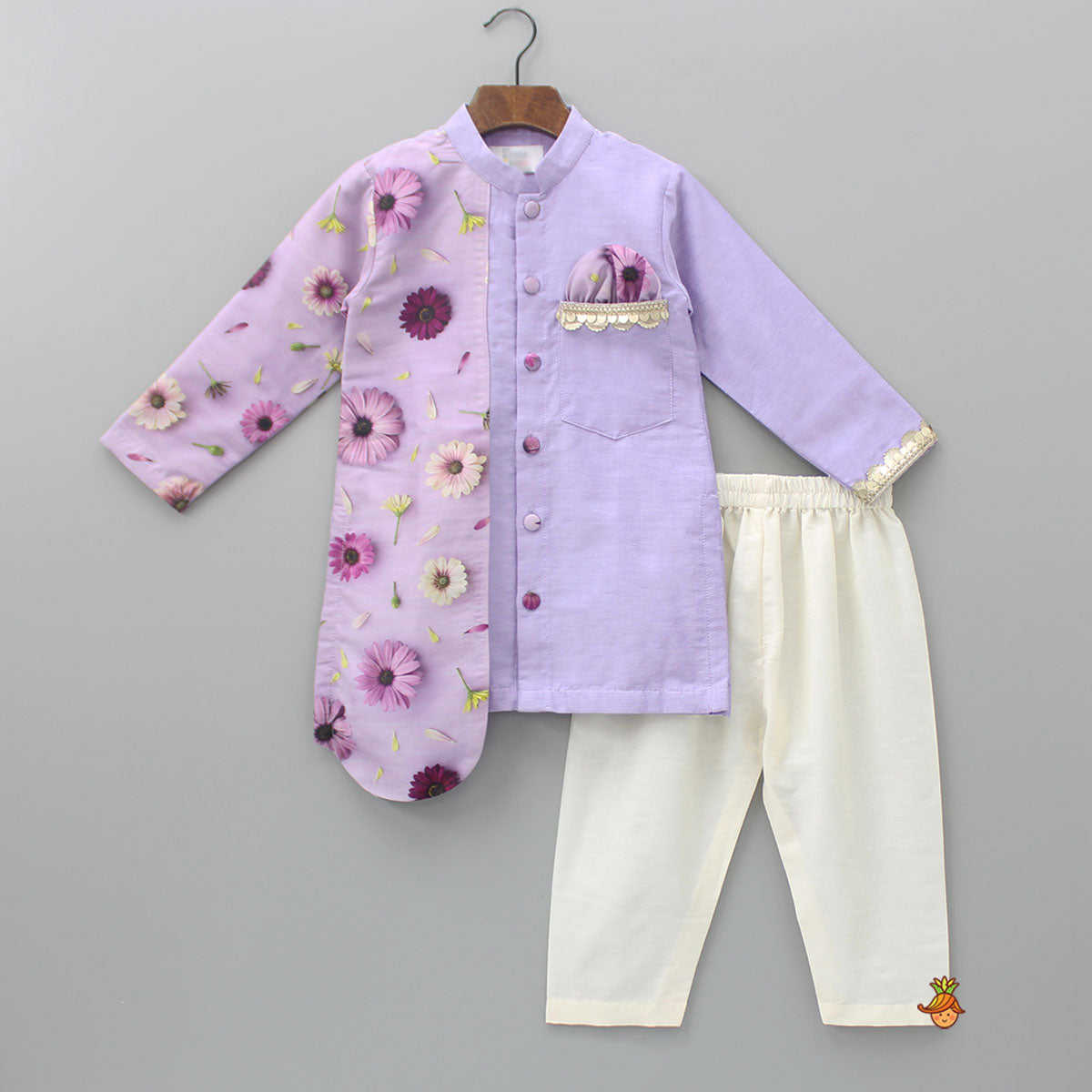Pre Order: Attached Floral Flap Lavender Asymmetric Kurta And Off White Pyjama