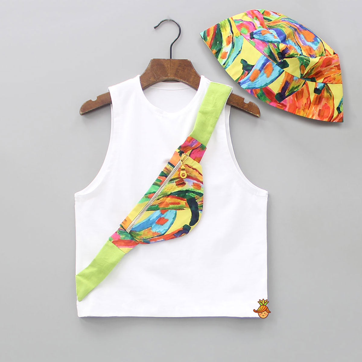 Pre Order: White Tee With Attached Multicolour Printed Bag And Matching Cap