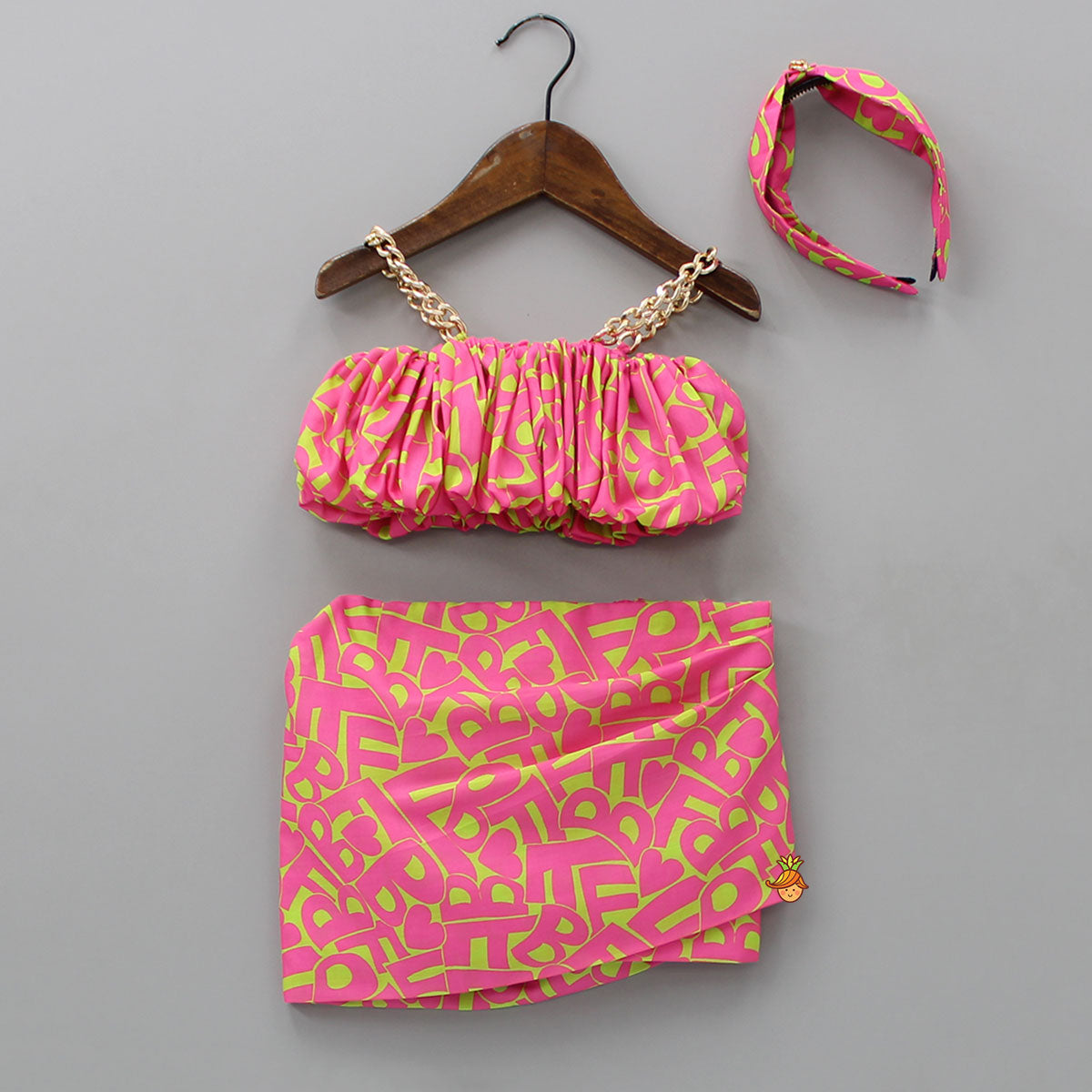 Pre Order: Stylish Puffed Pink Top With Asymmetric Skirt And Hair Band