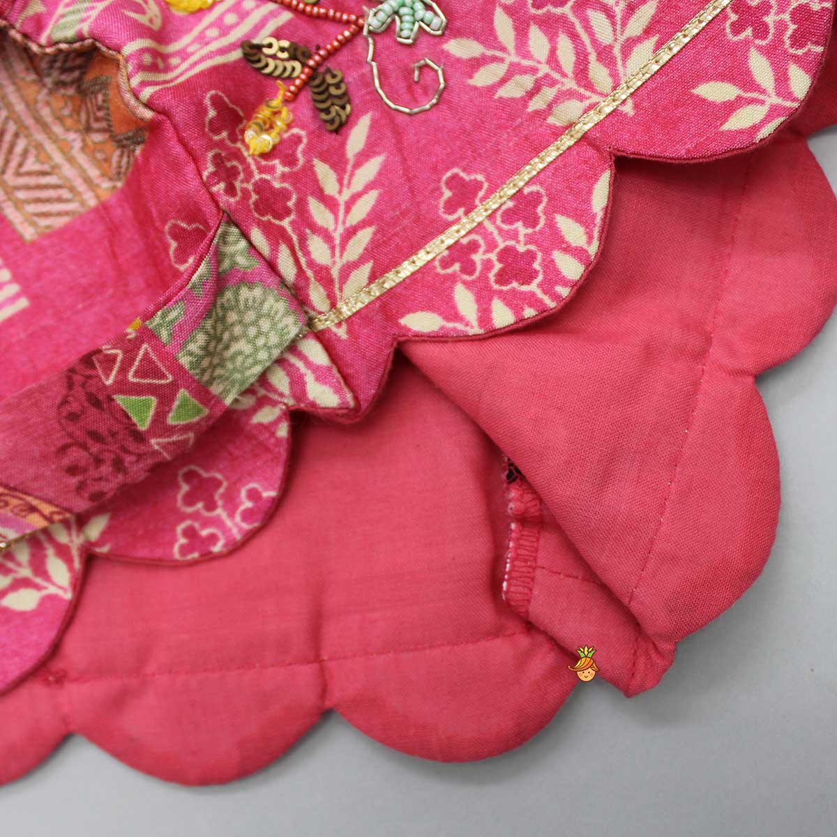 Stunning Pink Raw Silk Scalloped Top And Pearly Tassels Enhanced Lehenga