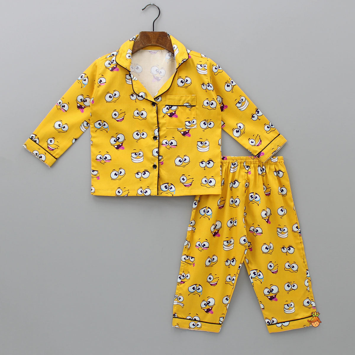 Facial Expressions Printed Pure Cotton Mustard Yellow Sleepwear