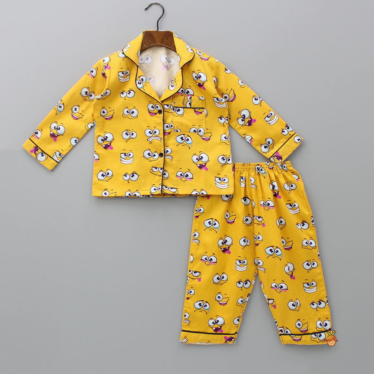 Facial Expressions Printed Pure Cotton Mustard Yellow Sleepwear