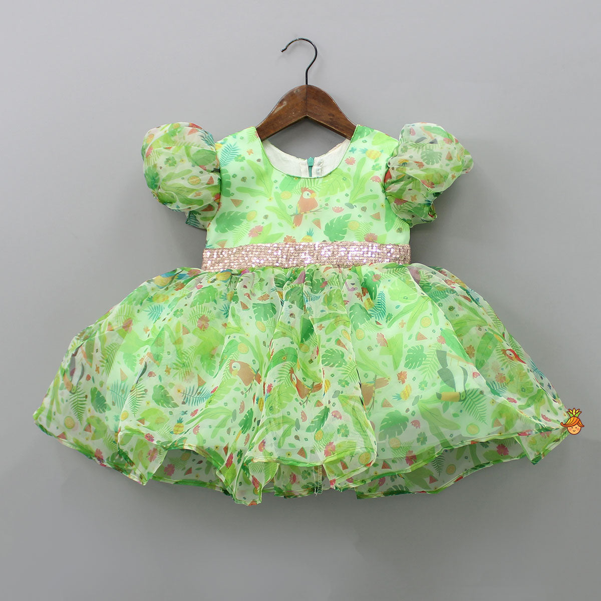 Pre Order: Jungle Theme Printed Green Puff Sleeves Dress With Sequined Belt
