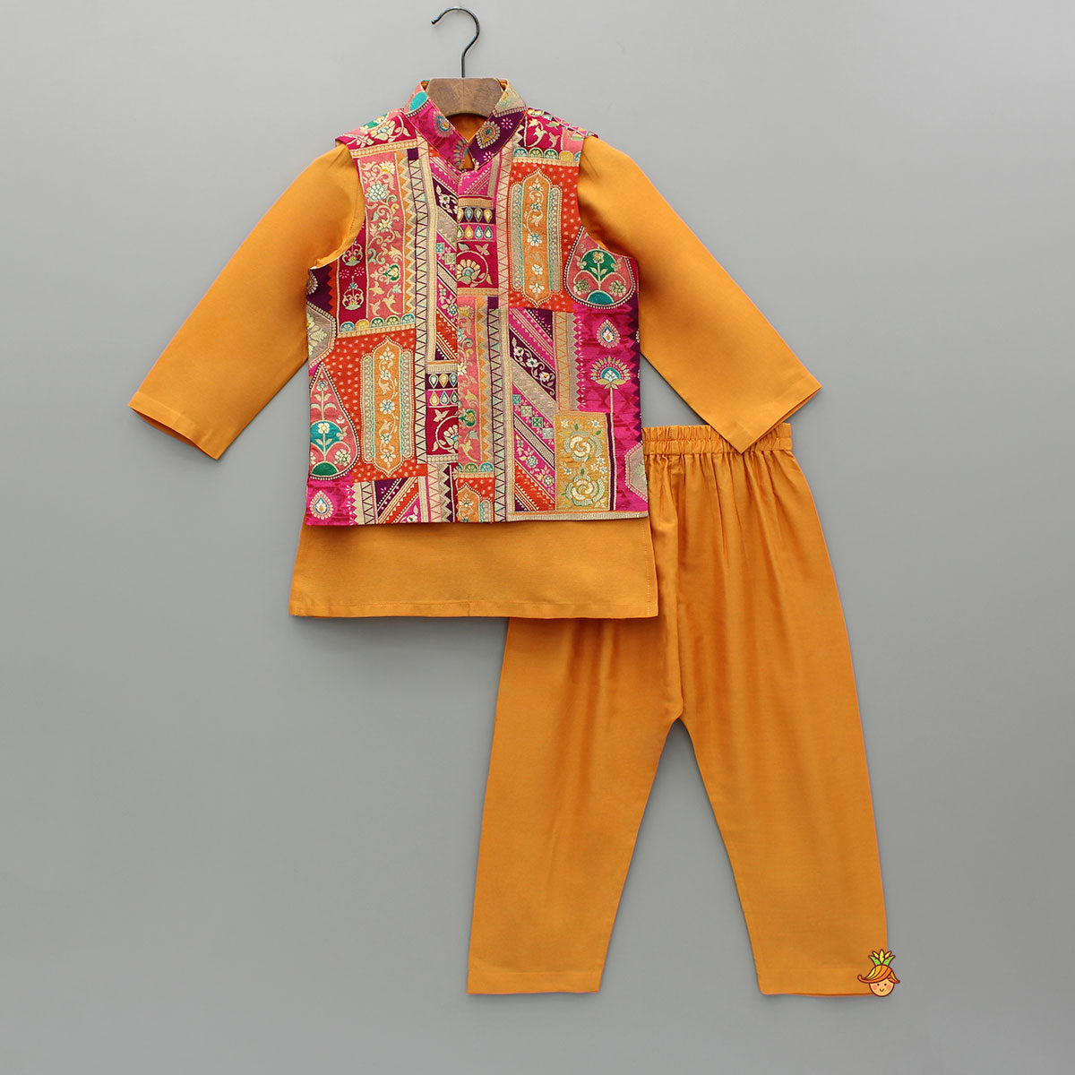 Front Placket Orange Kurta With Cotton Silk Multicolour Brocade Jacket And Pyjama