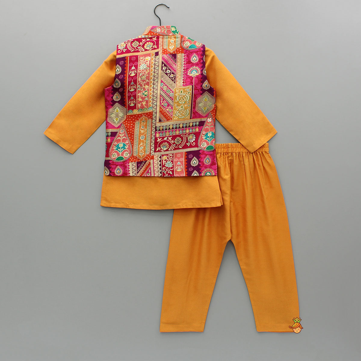 Front Placket Orange Kurta With Cotton Silk Multicolour Brocade Jacket And Pyjama