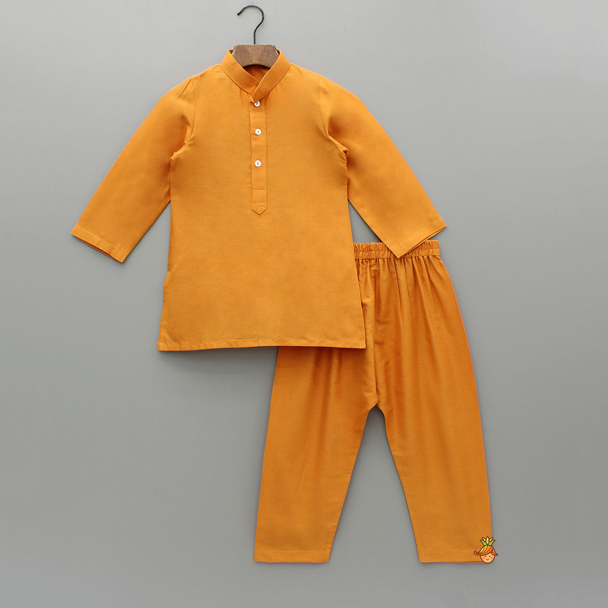 Front Placket Orange Kurta With Cotton Silk Multicolour Brocade Jacket And Pyjama