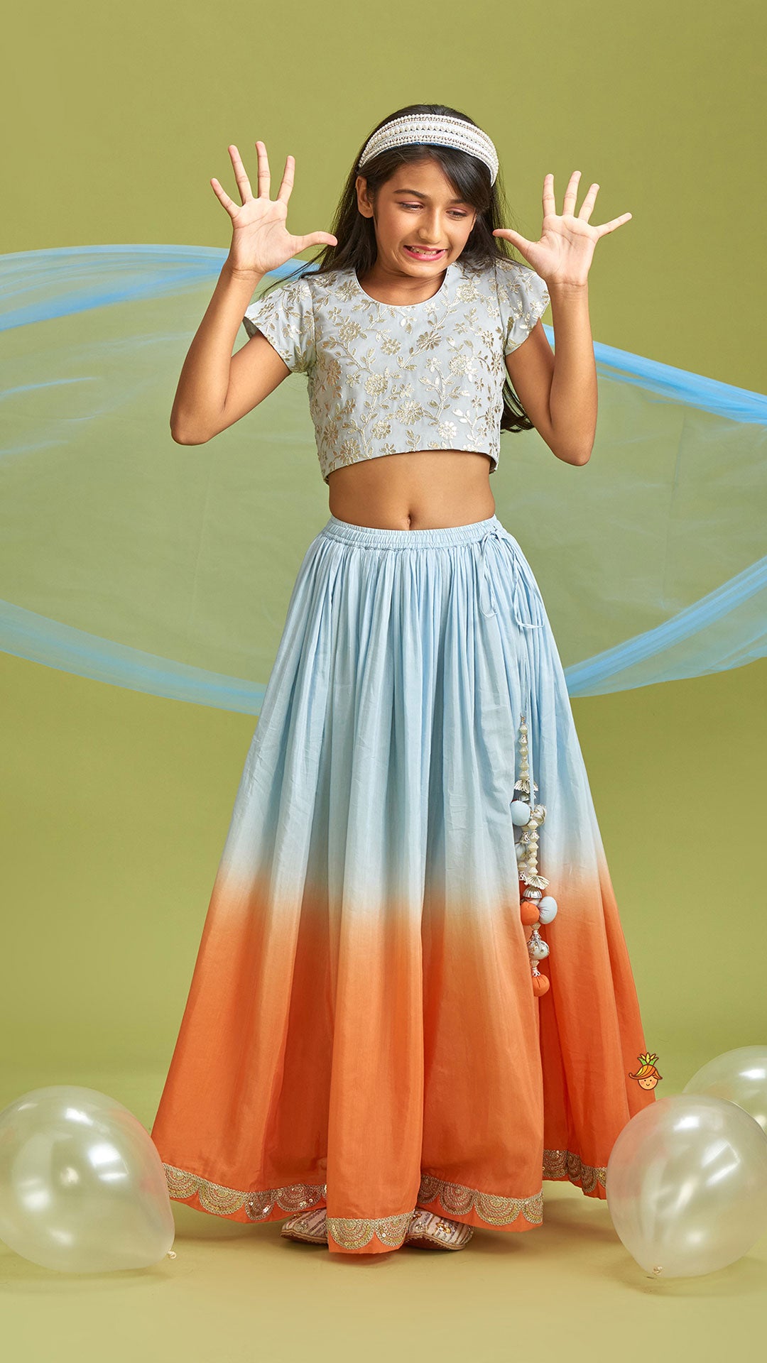 Sequins Floral Embroidered Blue Top And Ombre Lehenga With Matching Dupatta