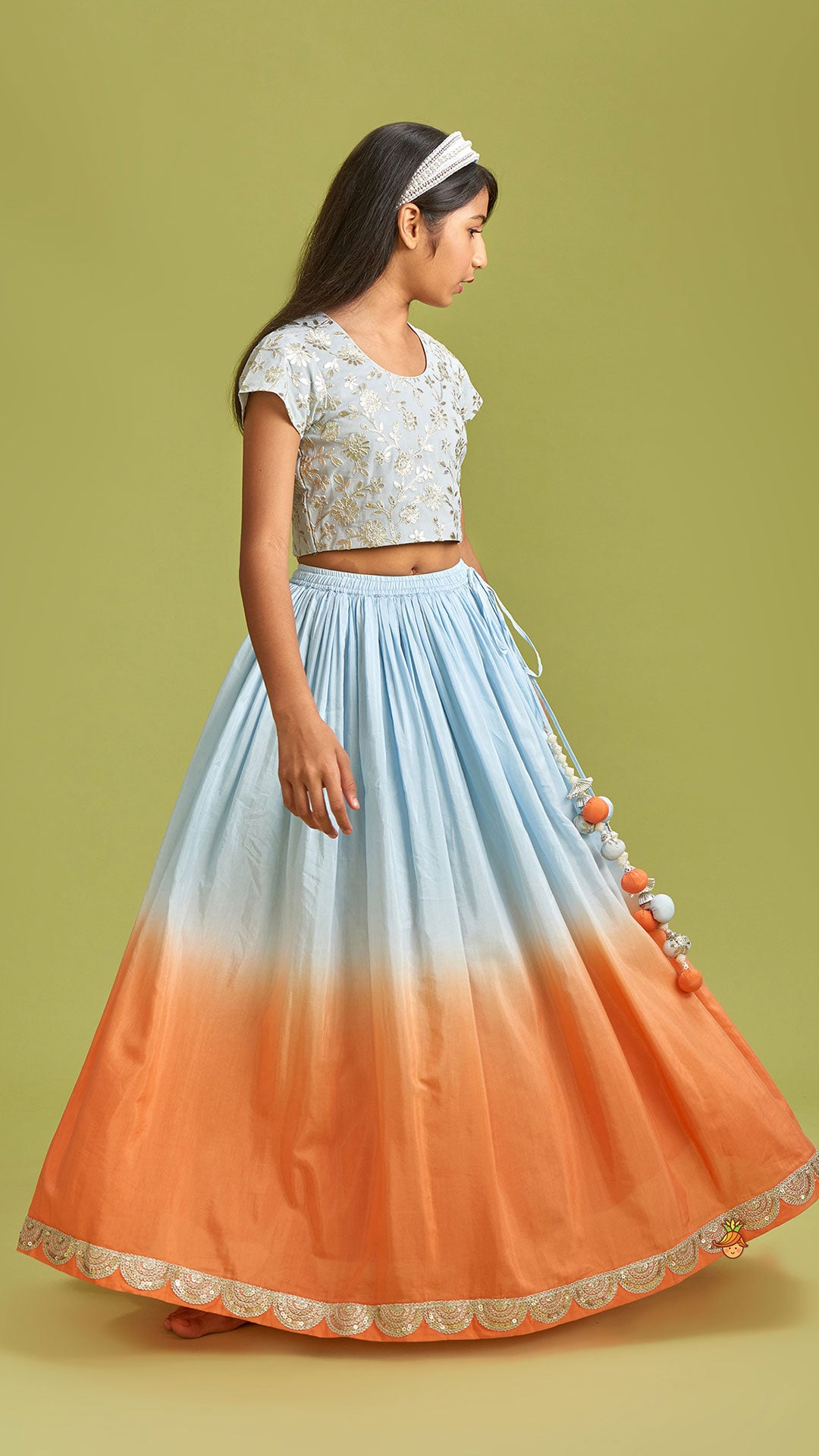 Sequins Floral Embroidered Blue Top And Ombre Lehenga With Matching Dupatta