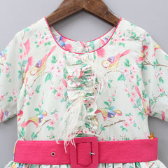 Pre Order: Green Cotton Muslin Floral Printed Dress With Sling Bag