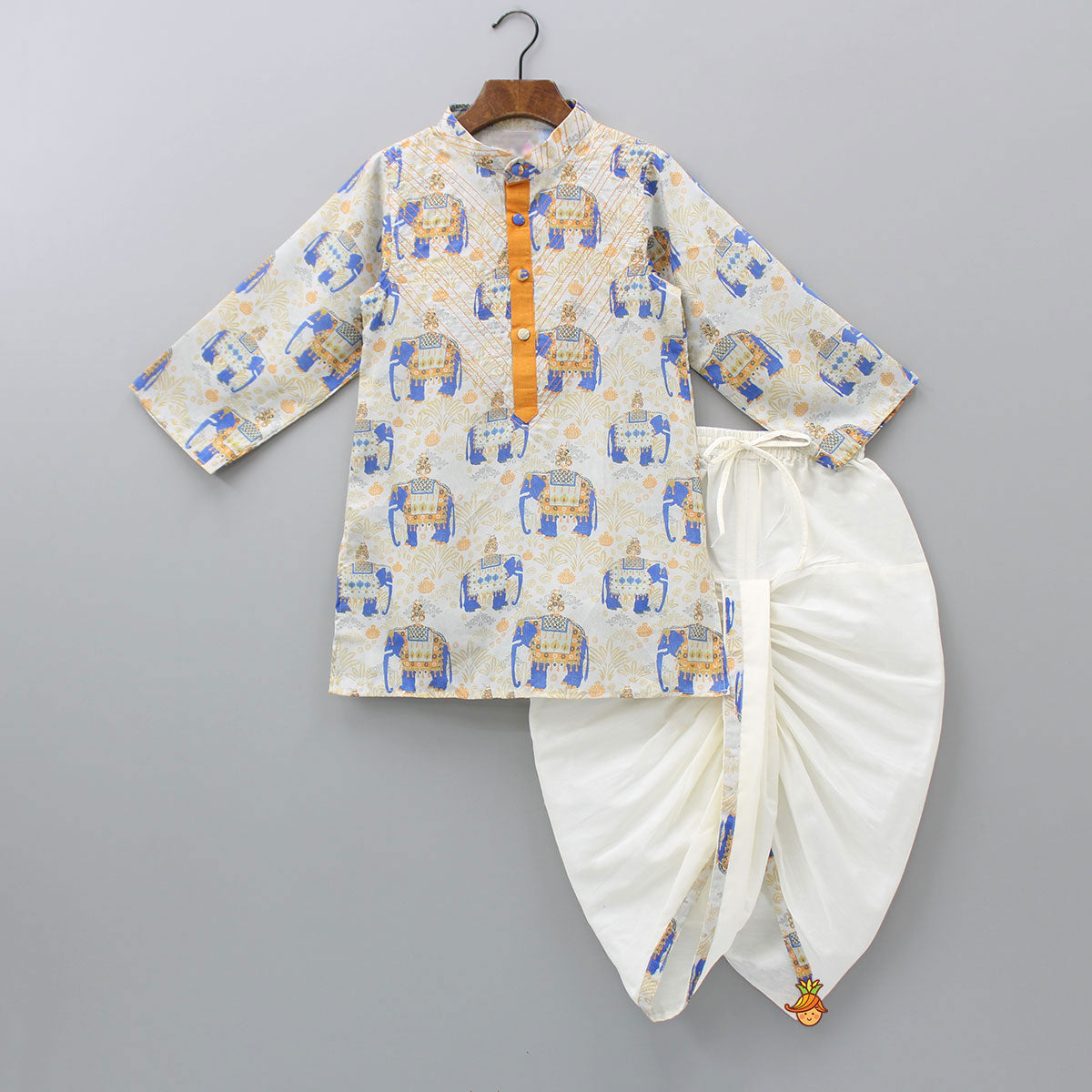 Elephant Printed Thread Detail Multicolour Kurta With Off White Dhoti