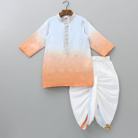 Pre Order: Orange And Blue Ombre Kurta With Dhoti