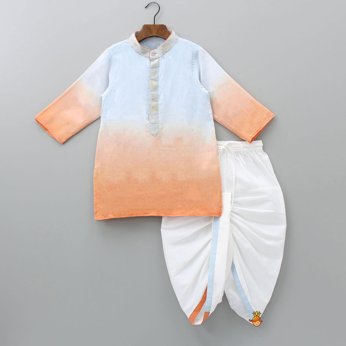 Orange And Blue Ombre Kurta With Dhoti