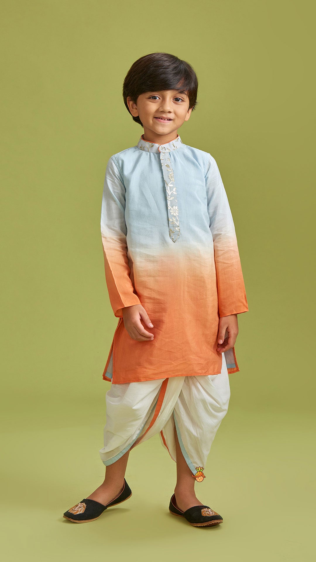 Orange And Blue Ombre Kurta With Dhoti