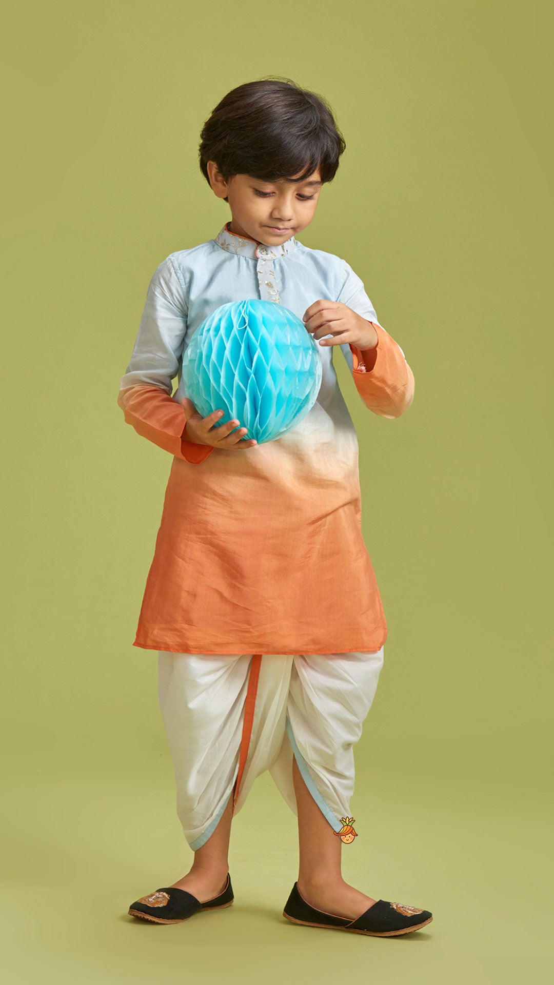 Pre Order: Orange And Blue Ombre Kurta With Dhoti