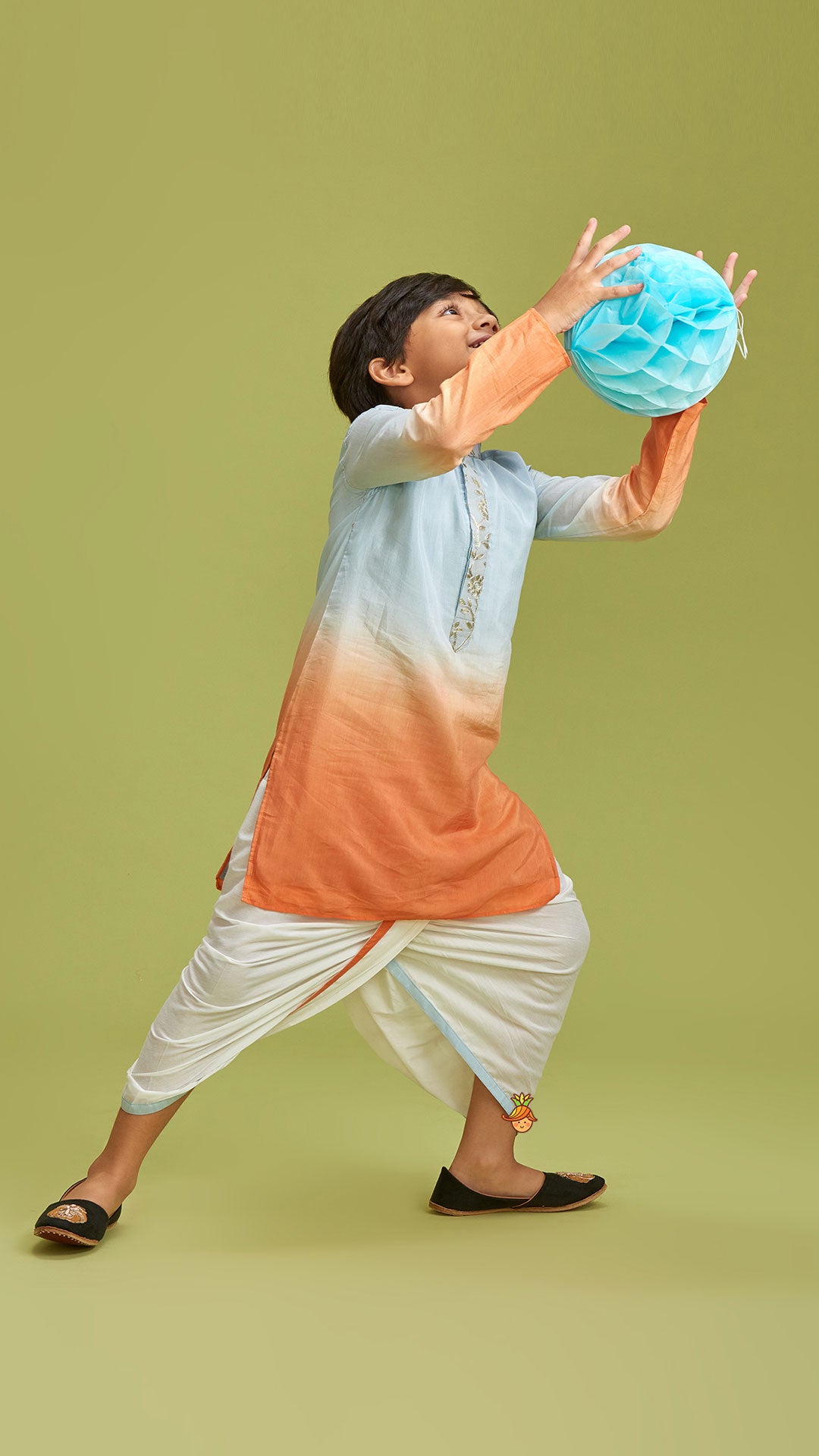 Orange And Blue Ombre Kurta With Dhoti