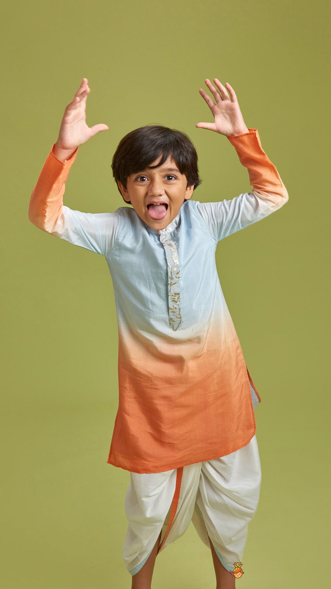 Orange And Blue Ombre Kurta With Dhoti