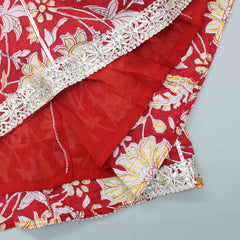 Pre Order: Cotton Pleated Frilly Top And Red Lehenga With Gota Flower Enhanced Potli Bag