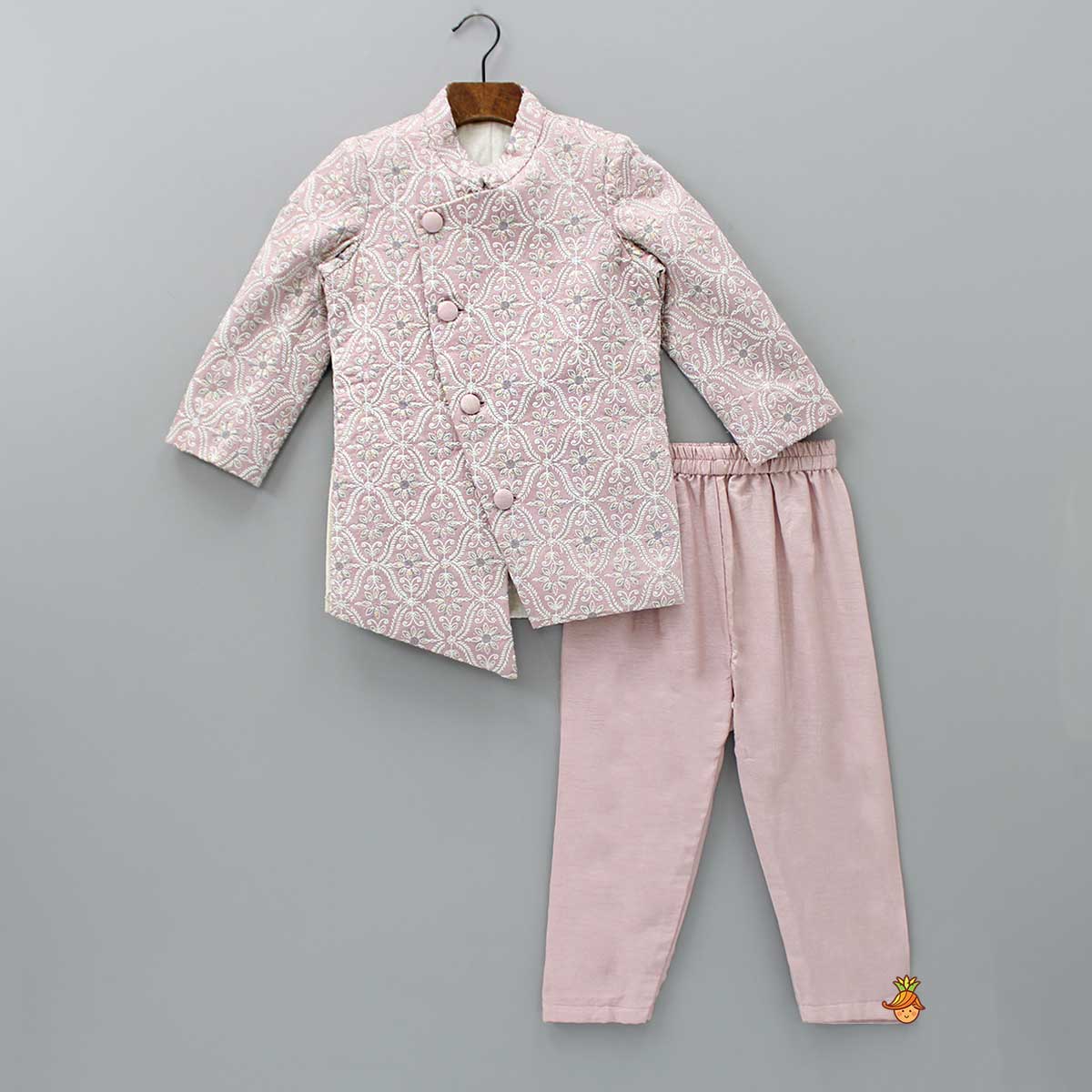 Elegant Front Open Embroidered Asymmetric Pink Sherwani And Pyjama