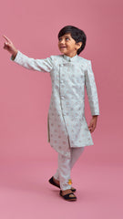 Pre Order: Elegant Front Open Embroidered Asymmetric Blue Sherwani And Pyjama