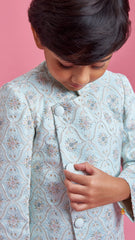 Pre Order: Elegant Front Open Embroidered Asymmetric Blue Sherwani And Pyjama