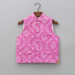 Shibori Printed Kurta With Bandhani Pink Jacket And Churidar