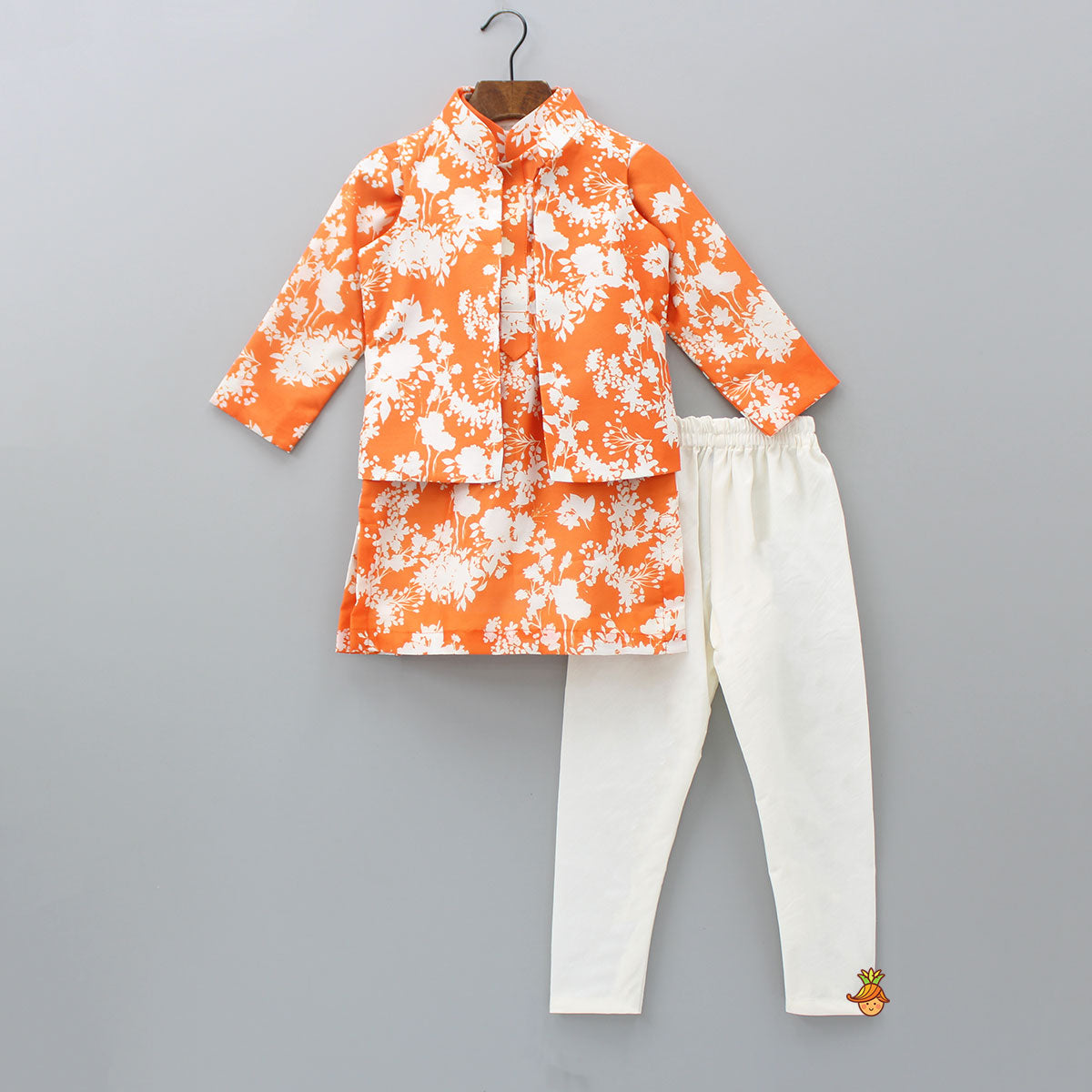 Pre Order: Muslin Cotton Orange Kurta With Matching Jacket And Churidar